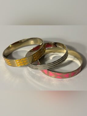 80s style Geometric Enamel Stacking Bangle Set Yellow Pink Silver
